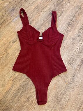 Astr Ribbed Wine Red Underwire Bandeau Bodysuit
